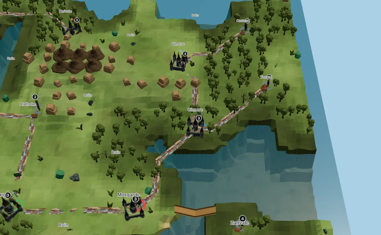The Bannerfall 3D board: a low-poly island of grass, forest and mountains ringed by sea, dotted with castles, roads, ruins and marching armies.