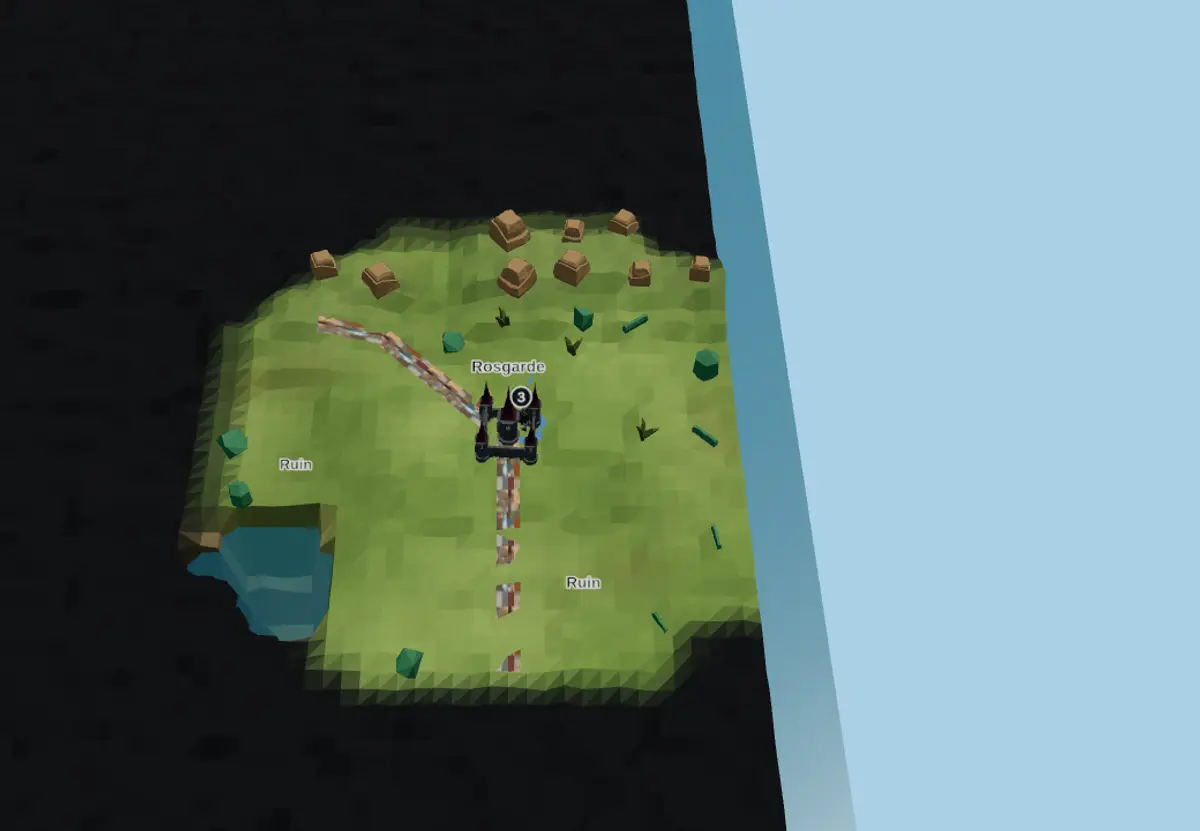 The 3D board under fog of war: a small lit pocket of land around a home castle, surrounded by unexplored darkness where the map is not yet revealed.